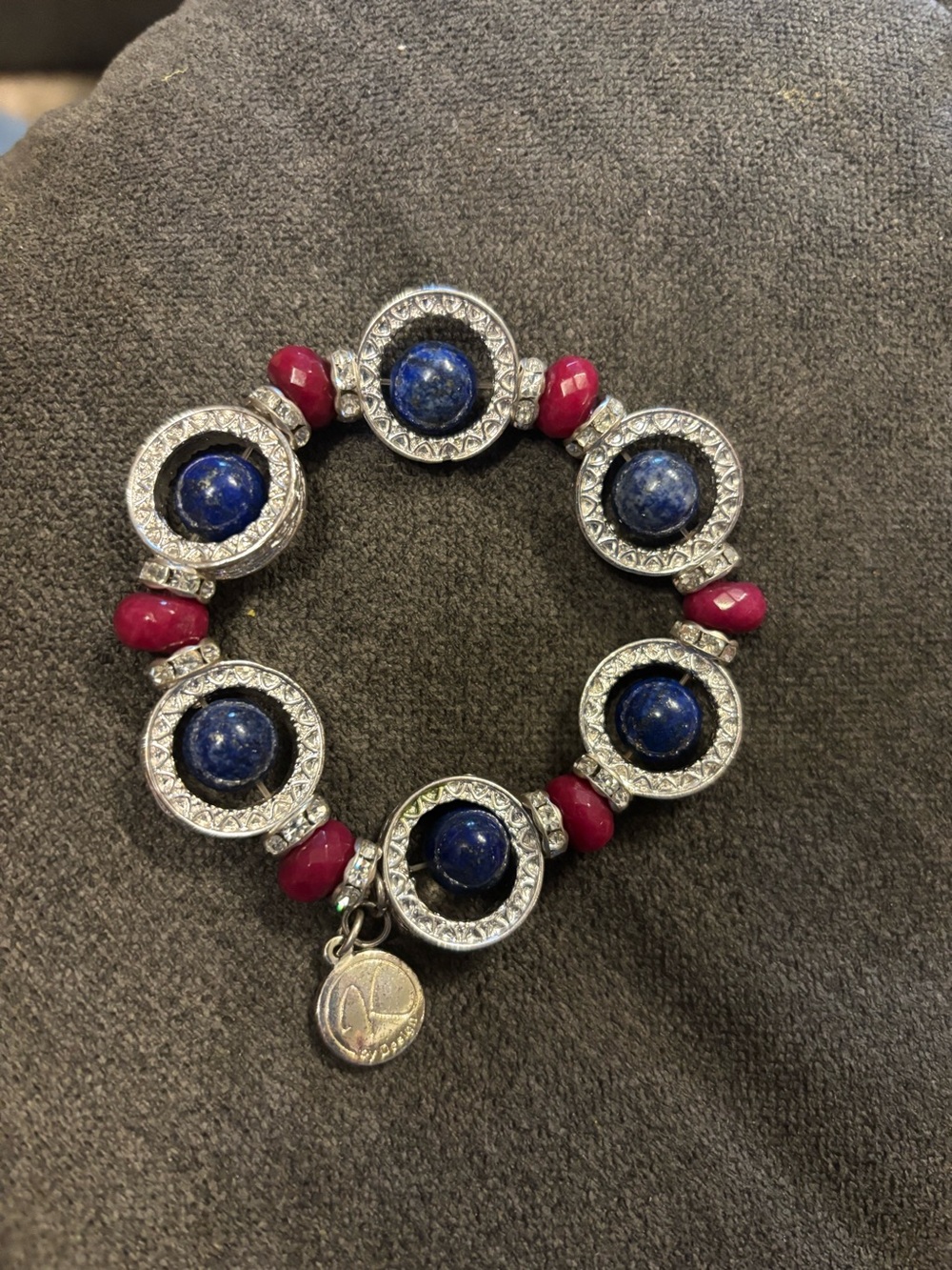 Silver Lapis and red-Bead Stretch Bracelet
